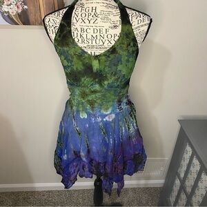 771 tie dye pixie fairy embroidered halter dress